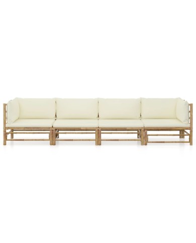 Salon de jardin 4 pcs avec coussins blanc crème Bambou
