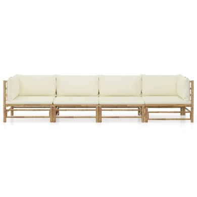 Salon de jardin 4 pcs avec coussins blanc crème Bambou