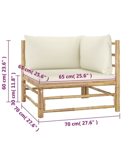 Salon de jardin 4 pcs avec coussins blanc crème Bambou