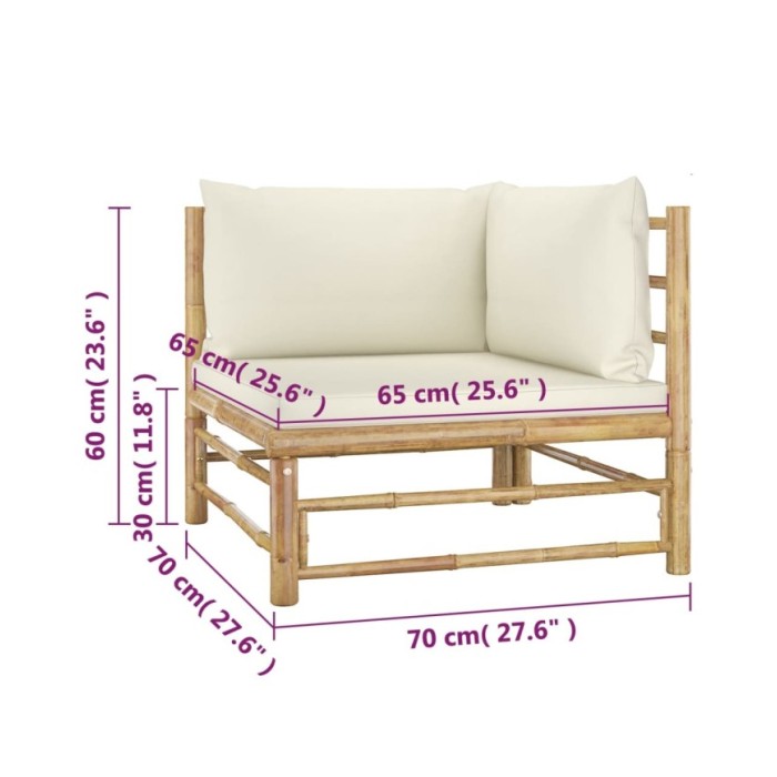 Salon de jardin 4 pcs avec coussins blanc crème Bambou