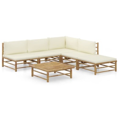 Salon de jardin 6 pcs avec coussins blanc crème Bambou