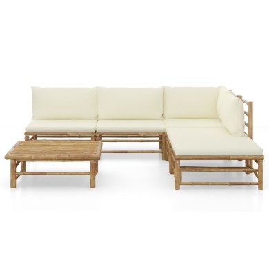 Salon de jardin 6 pcs avec coussins blanc crème Bambou