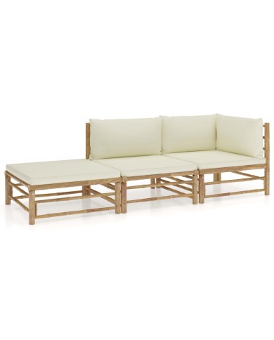 Salon de jardin 3 pcs avec coussins blanc crème Bambou