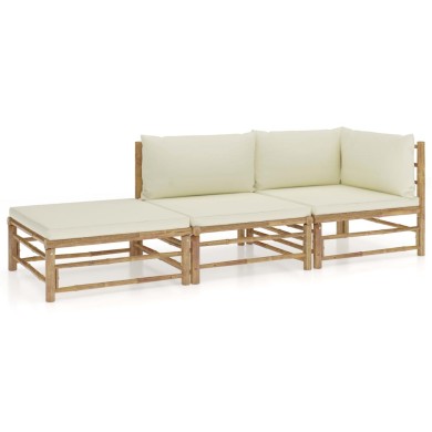Salon de jardin 3 pcs avec coussins blanc crème Bambou