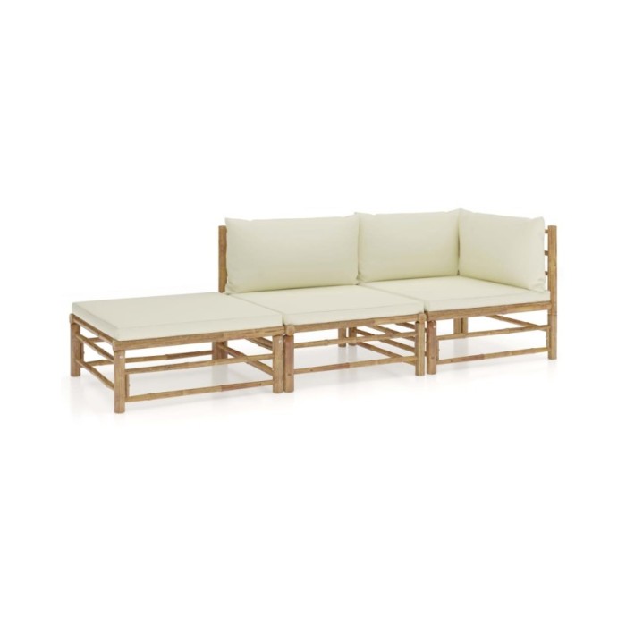 Salon de jardin 3 pcs avec coussins blanc crème Bambou