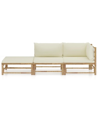 Salon de jardin 3 pcs avec coussins blanc crème Bambou