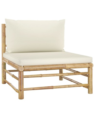 Salon de jardin 3 pcs avec coussins blanc crème Bambou