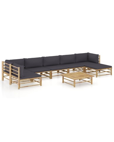 Salon de jardin 8 pcs avec coussins gris foncé Bambou