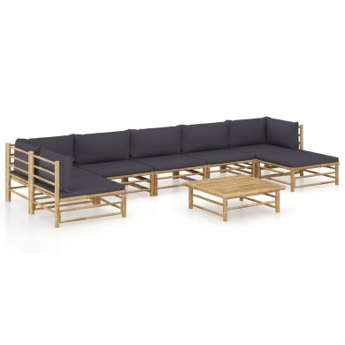 Salon de jardin 8 pcs avec coussins gris foncé Bambou