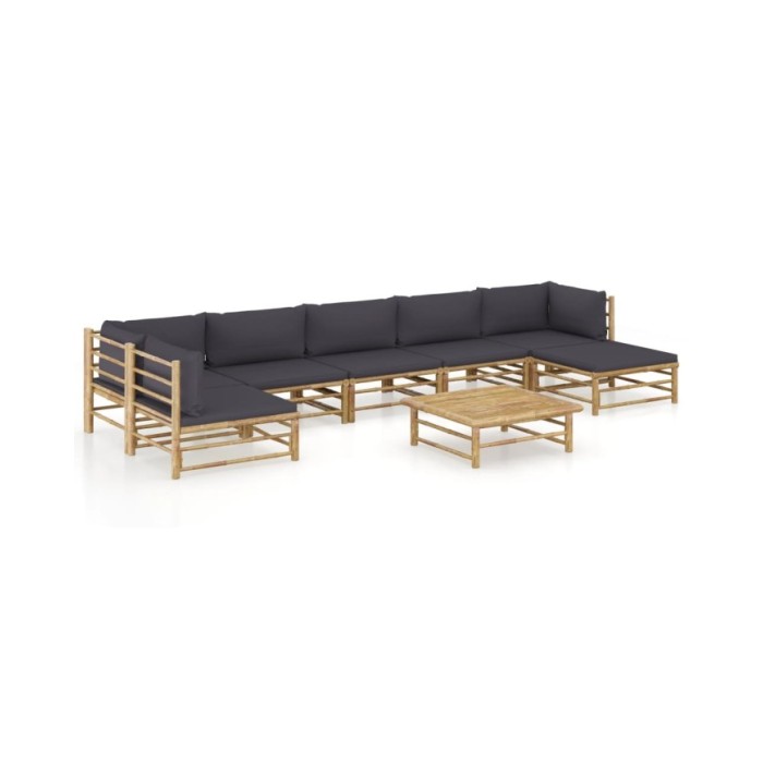 Salon de jardin 8 pcs avec coussins gris foncé Bambou