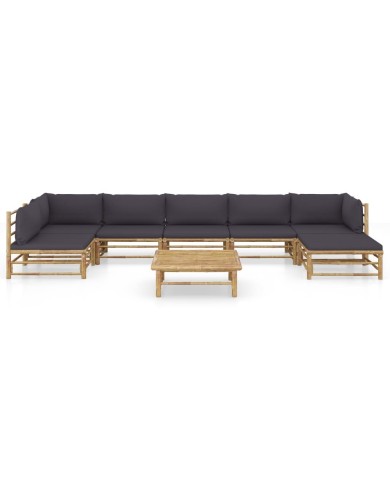 Salon de jardin 8 pcs avec coussins gris foncé Bambou