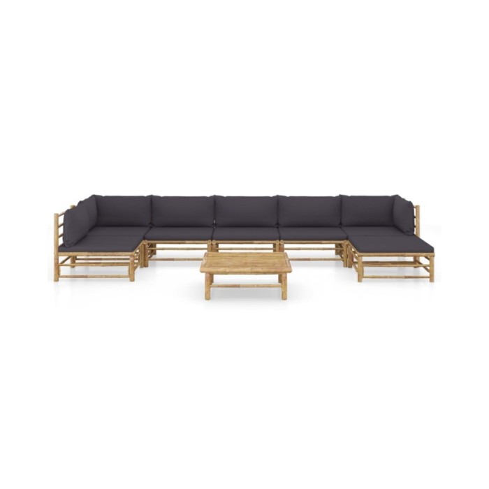 Salon de jardin 8 pcs avec coussins gris foncé Bambou