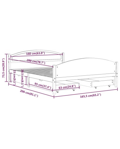 Cadre de lit avec 4 tiroirs Blanc Bois de pin massif 160x200 cm