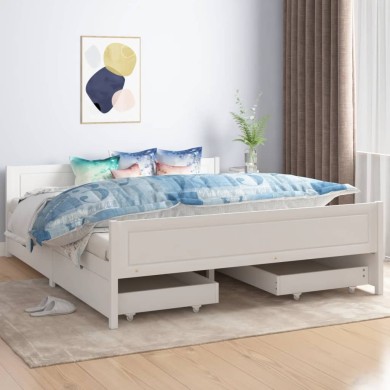 Cadre de lit avec 4 tiroirs Blanc Pin massif 160x200 cm