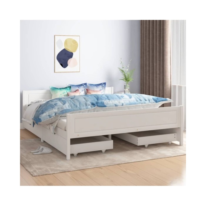 Cadre de lit avec 4 tiroirs Blanc Pin massif 160x200 cm