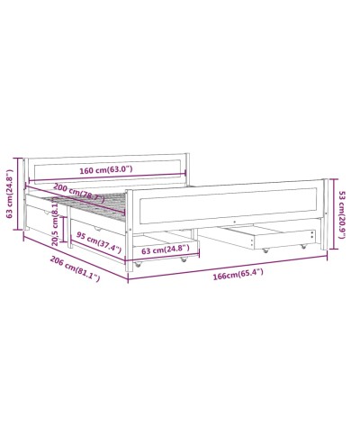 Cadre de lit avec 4 tiroirs Blanc Pin massif 160x200 cm