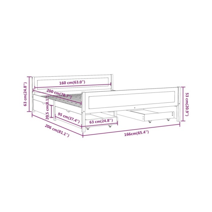 Cadre de lit avec 4 tiroirs Blanc Pin massif 160x200 cm