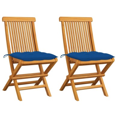 Chaises de jardin avec coussins bleu 2 pcs Bois de teck massif