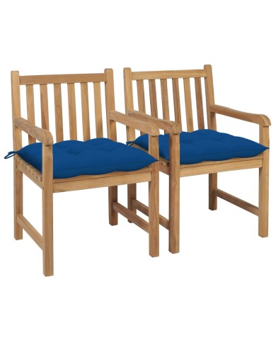 Chaises de jardin 2 pcs avec coussins bleu Bois de teck massif