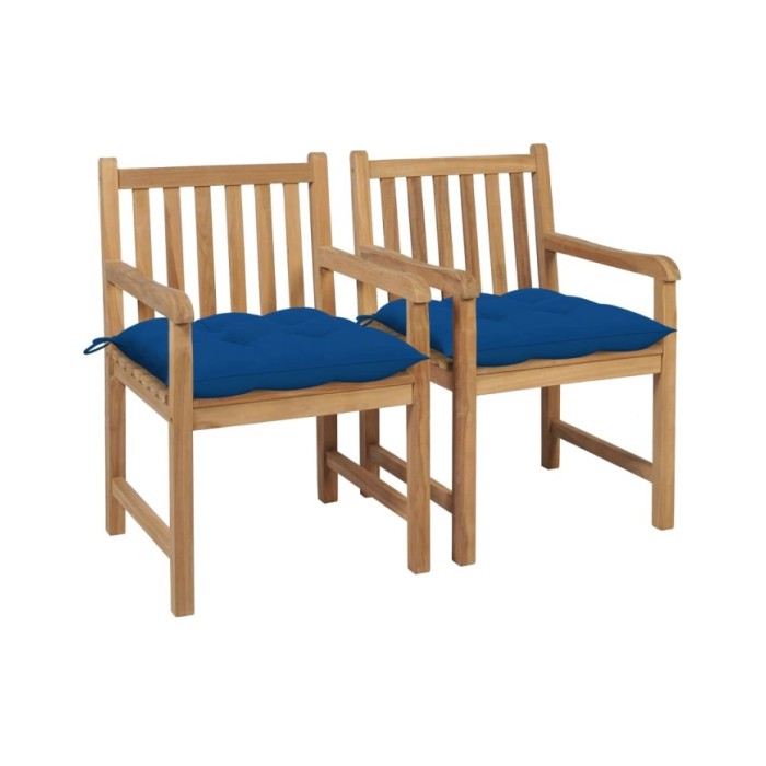 Chaises de jardin 2 pcs avec coussins bleu Bois de teck massif