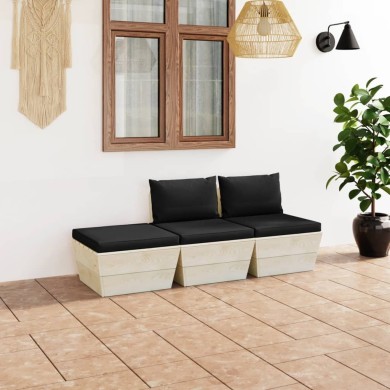 Salon de jardin palette 3 pcs avec coussins Épicéa imprégné
