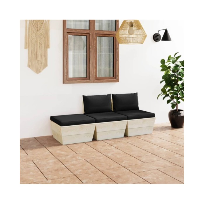 Salon de jardin palette 3 pcs avec coussins Épicéa imprégné