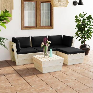 Salon de jardin palette 5 pcs avec coussins Épicéa imprégné