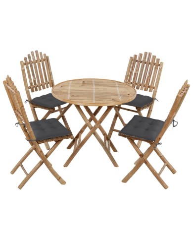 Mobilier à dîner d'extérieur pliable 5 pcs avec coussins Bambou
