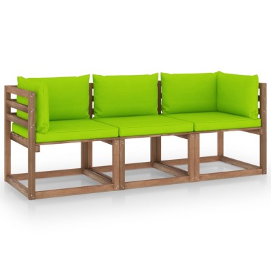 Canapé palette de jardin 3 places et coussins vert vif Pinède