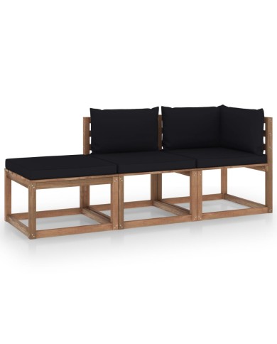 Salon palette de jardin 3pcs avec coussins Bois de pin imprégné