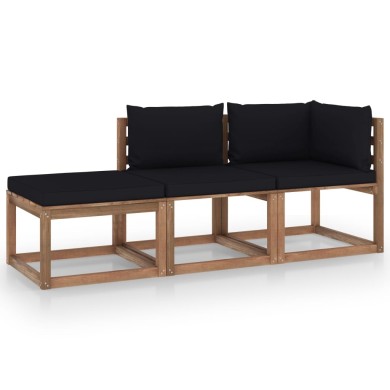 Salon palette de jardin 3pcs avec coussins Bois de pin imprégné