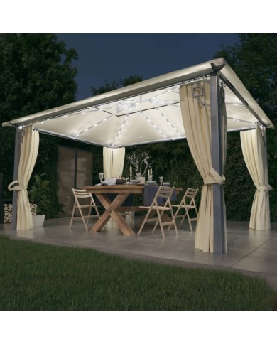 Tonnelle avec rideau et lumières LED 4x3 m Crème Aluminium