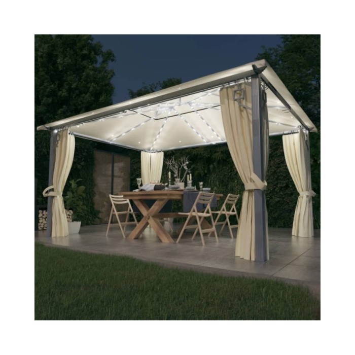 Tonnelle avec rideau et lumières LED 4x3 m Crème Aluminium