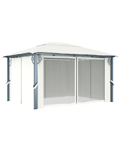 Tonnelle avec rideau et lumières LED 4x3 m Crème Aluminium