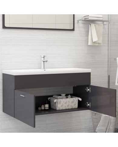 Armoire d'évier avec lavabo intégré Gris brillant Aggloméré