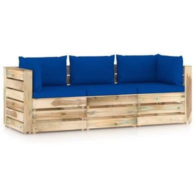 Canapé de jardin 3 places avec coussins Bois imprégné de vert