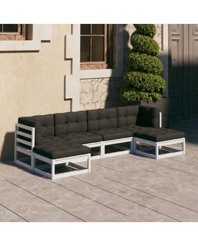 Salon de jardin 6 pcs avec coussins Blanc Bois de pin massif