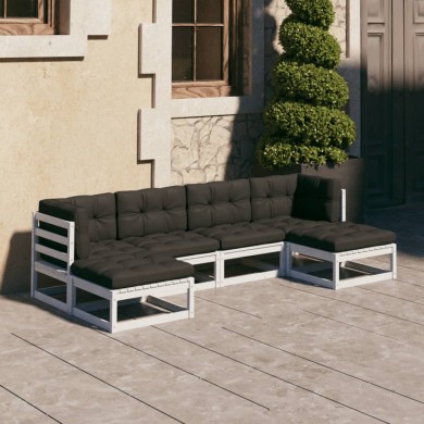 Salon de jardin 6 pcs avec coussins Blanc Bois de pin massif