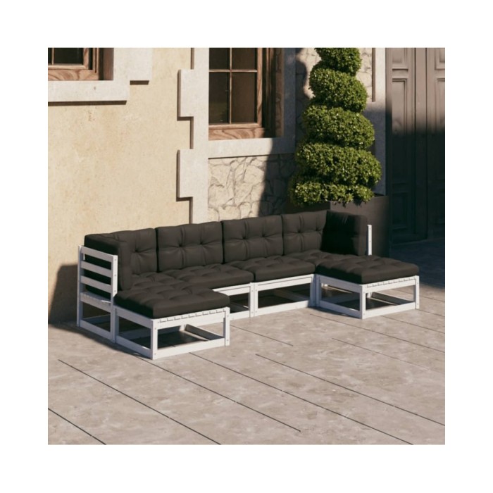 Salon de jardin 6 pcs avec coussins Blanc Bois de pin massif