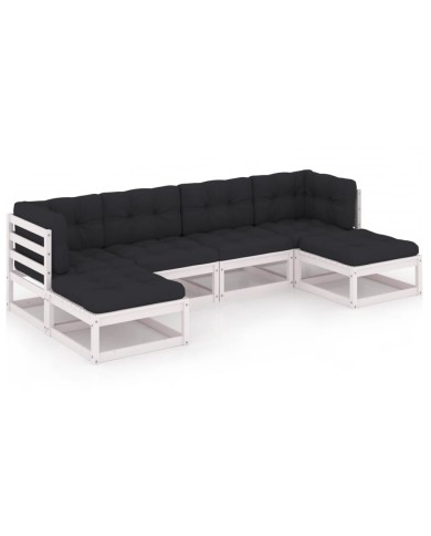 Salon de jardin 6 pcs avec coussins Blanc Bois de pin massif