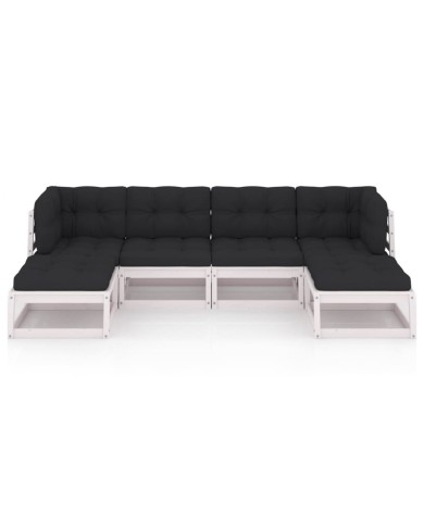 Salon de jardin 6 pcs avec coussins Blanc Bois de pin massif
