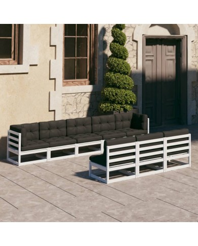 Salon de jardin 8 pcs avec coussins Blanc Bois de pin massif