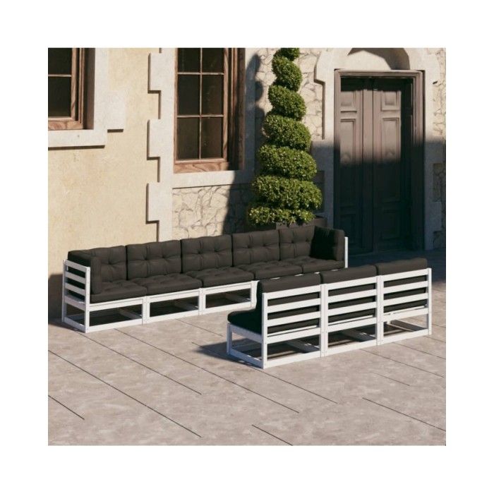 Salon de jardin 8 pcs avec coussins Blanc Bois de pin massif