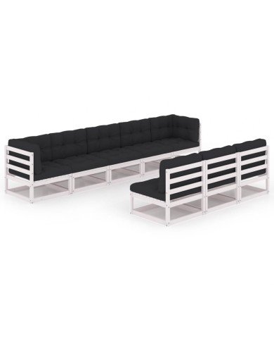 Salon de jardin 8 pcs avec coussins Blanc Bois de pin massif