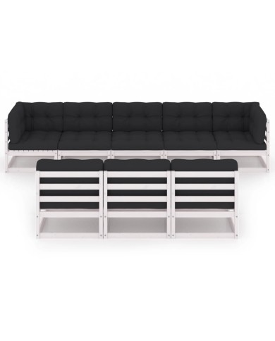 Salon de jardin 8 pcs avec coussins Blanc Bois de pin massif