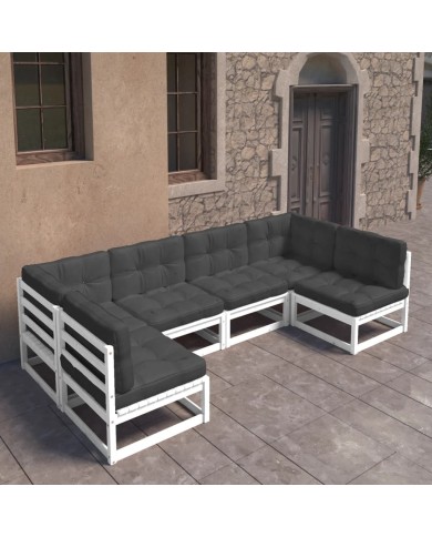 Salon de jardin 6 pcs avec coussins Blanc Bois de pin massif