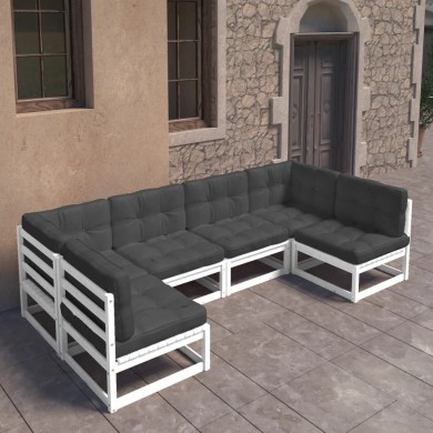 Salon de jardin 6 pcs avec coussins Blanc Bois de pin massif