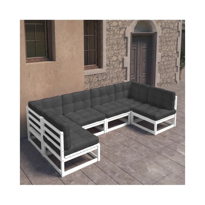 Salon de jardin 6 pcs avec coussins Blanc Bois de pin massif