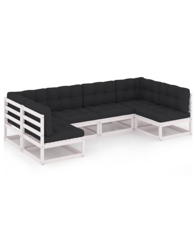 Salon de jardin 6 pcs avec coussins Blanc Bois de pin massif