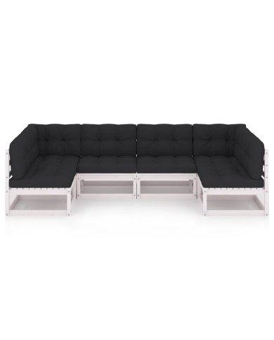 Salon de jardin 6 pcs avec coussins Blanc Bois de pin massif